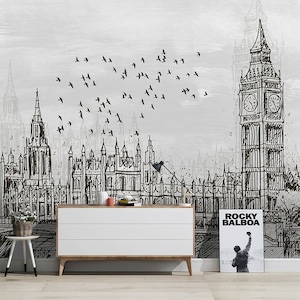 Watercolor Wallpaper London Big Ben Effect Vintage City Removable Peel and Stick Self Adhesive Wall Mural Living Room Bedroom Home Decor