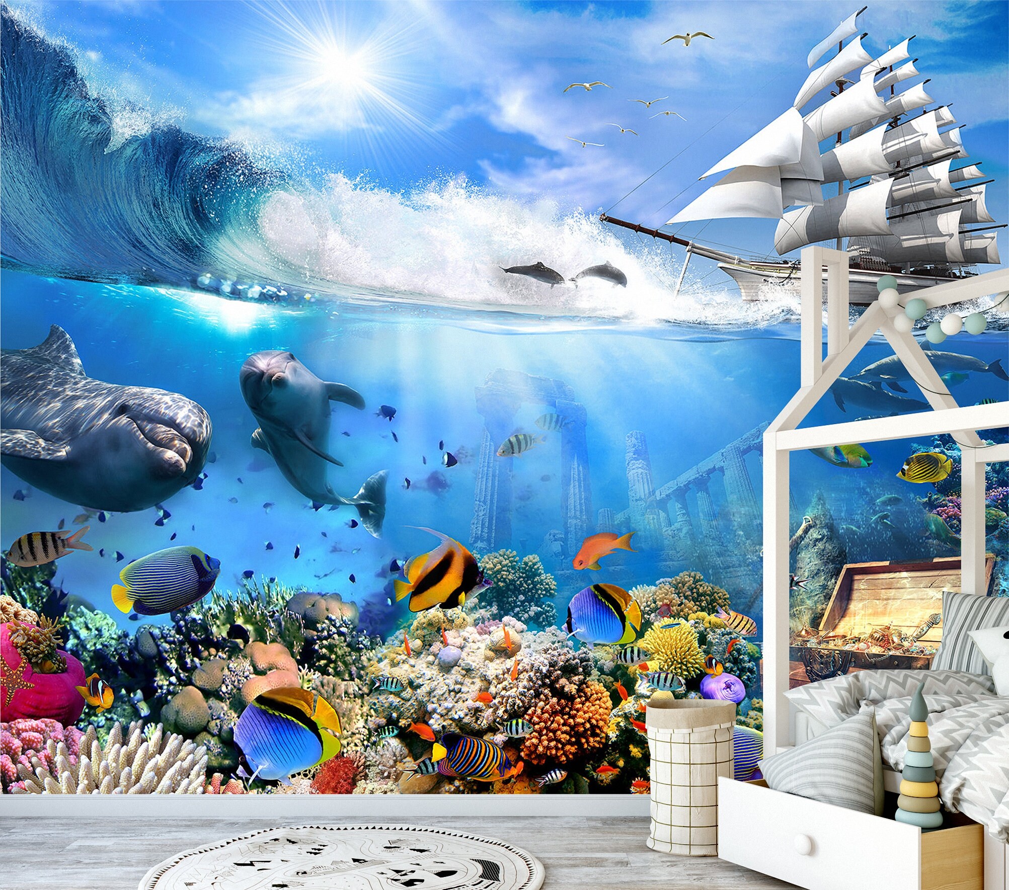 Underwater Kids Wallpaper Cartoon Shark Dolphin Turtle Animal - Etsy UK
