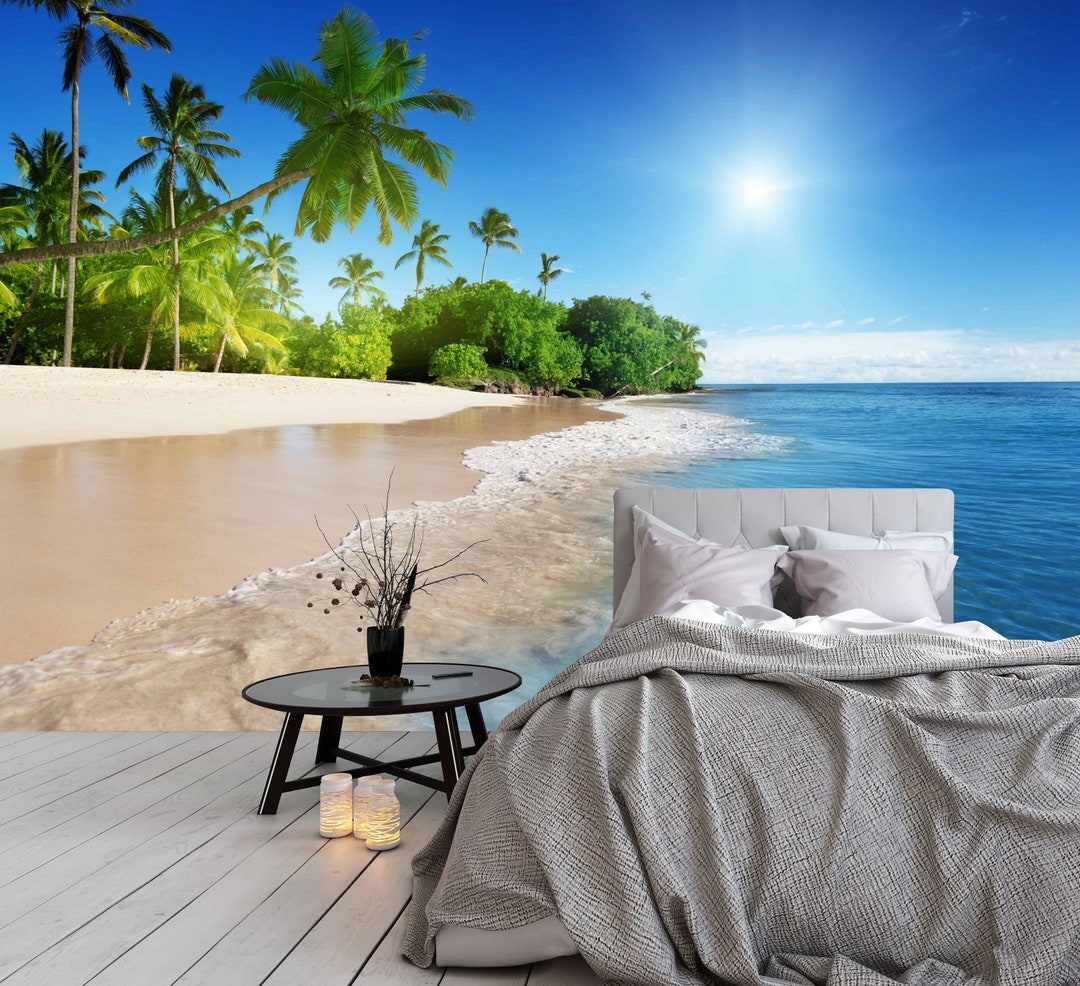 Beach Peel and Stick Wallpaper Tropical Sea Cute Palm Tree - Etsy