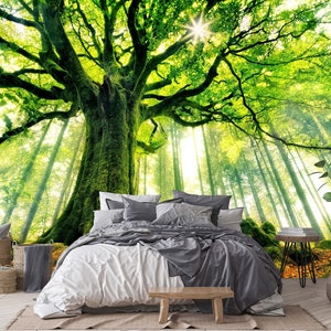 Tree Wallpaper Enchanting Forest Green Nature 3d Landscape Peel And Stick Removable Non Woven Self Adhesive Wall Mural