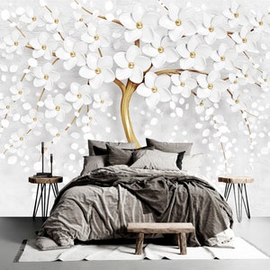 Floral Wallpaper 3D Gold Tree White 3D Floral Peel and Stick Self Adhesive Wall Mural Removable Living Room Bedroom Home Decor