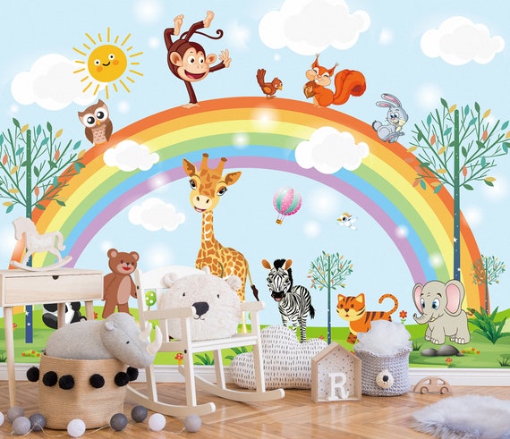 Rainbow Kids Wallpaper Nursery Cartoon Animal Fairy Colorful Peel