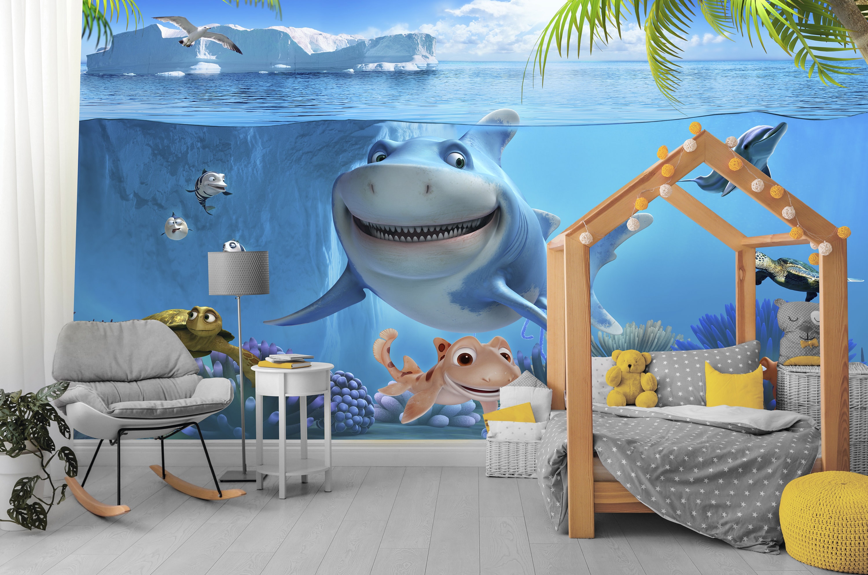 3D Shark Cartoon Underwater Ocean Wallpaper Sea Life Fierce Animals Blue  Nursery Removable Childroom Self Adhesive Peel and Stick Wall Mural 