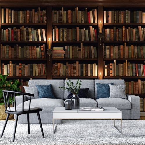 Book Wallpaper Bookshelf Peel and Stick Bookcase Fabric Etsy