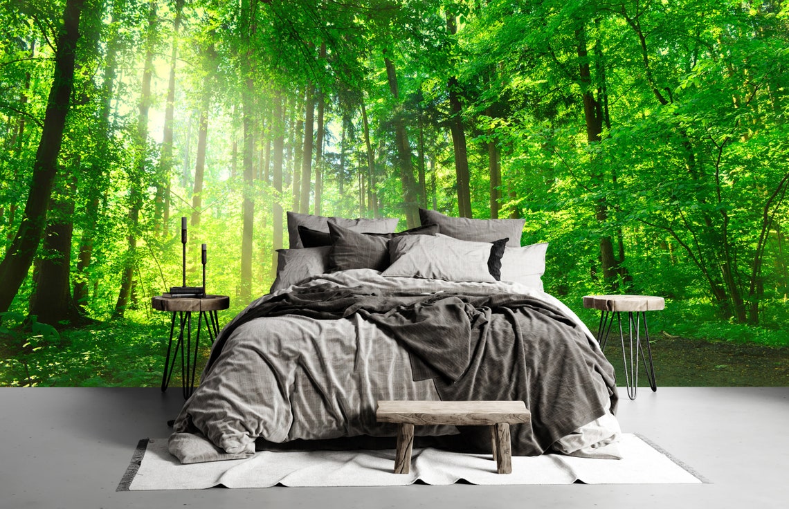 Forest Removable Wallpaper Enchanting Forest Green Nature 3d Etsy