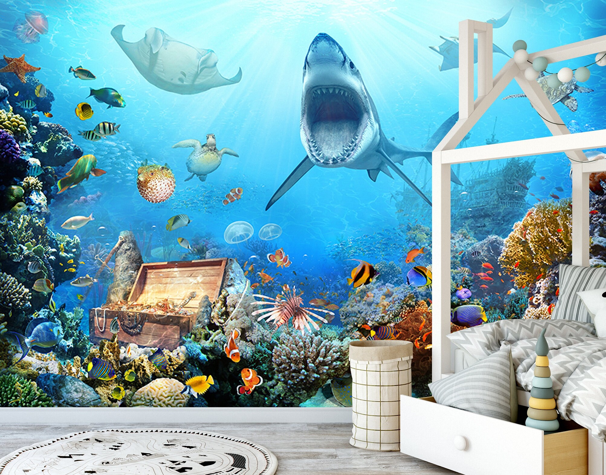 Underwater World Kids Wallpaper Cartoon Shark Dolphin Turtle Animal Peel  and Stick Self Adhesive Non Woven Removable Children Wall Mural 