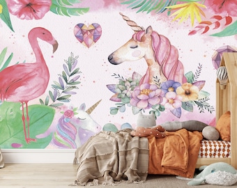 Unicorn Kids Wallpaper Pink Flamingo Animals Nursery Removable Self Adhesive Peel and Stick Rainbow Girls Wall Mural