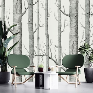 Forest Removable Wallpaper Watercolor Foggy Pattern Oil Painted Huge Trees Birch Forest Self Adhesive Peel and Stick Wall Mural