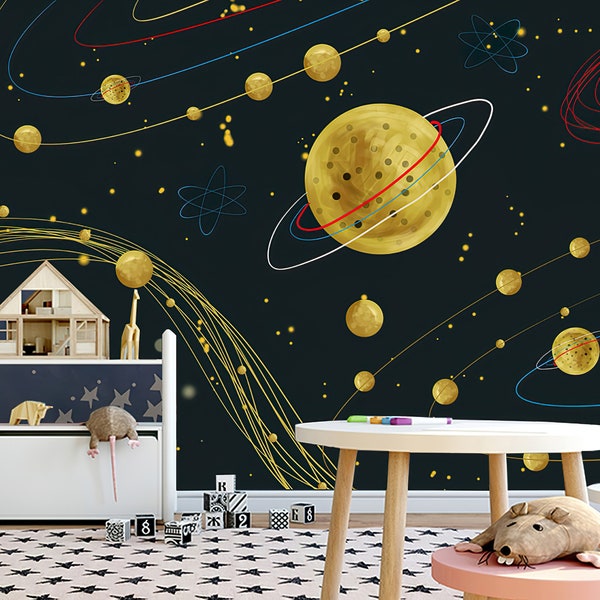 Space Kids Wallpaper Moon Star Galaxy Sky Nursery Cartoon Animal Planet Peel and Stick Self Adhesive Non Woven Removable Children Wall Mural