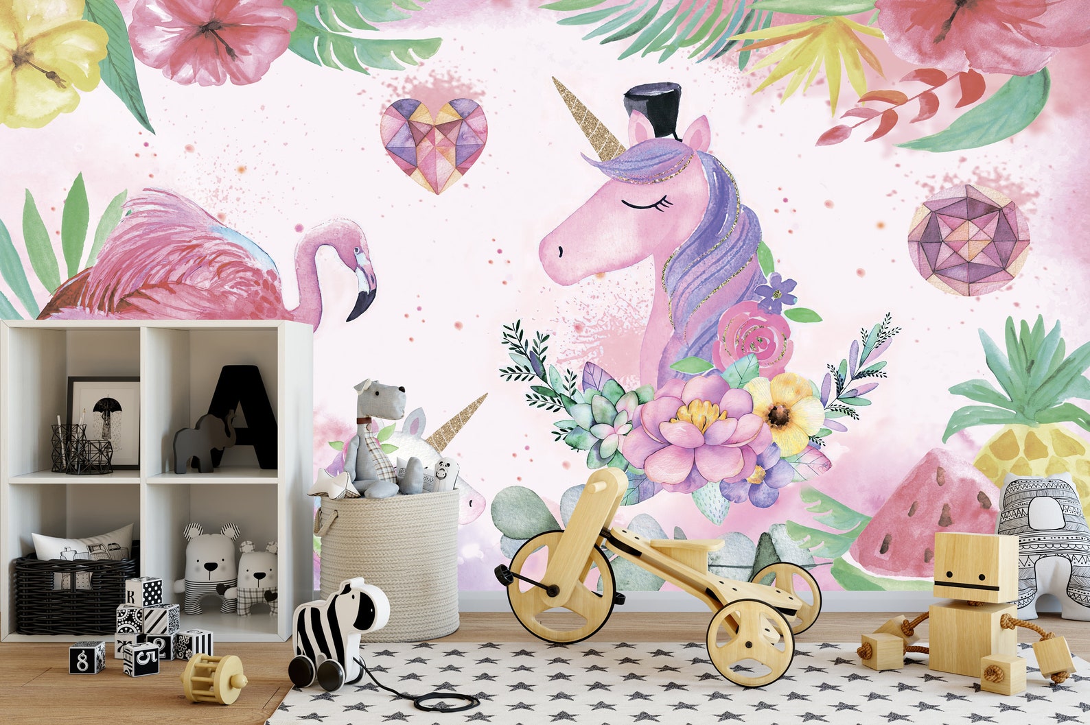 Unicorn Peel and Stick Kids Wallpaper Pink Flamingo Animals - Etsy