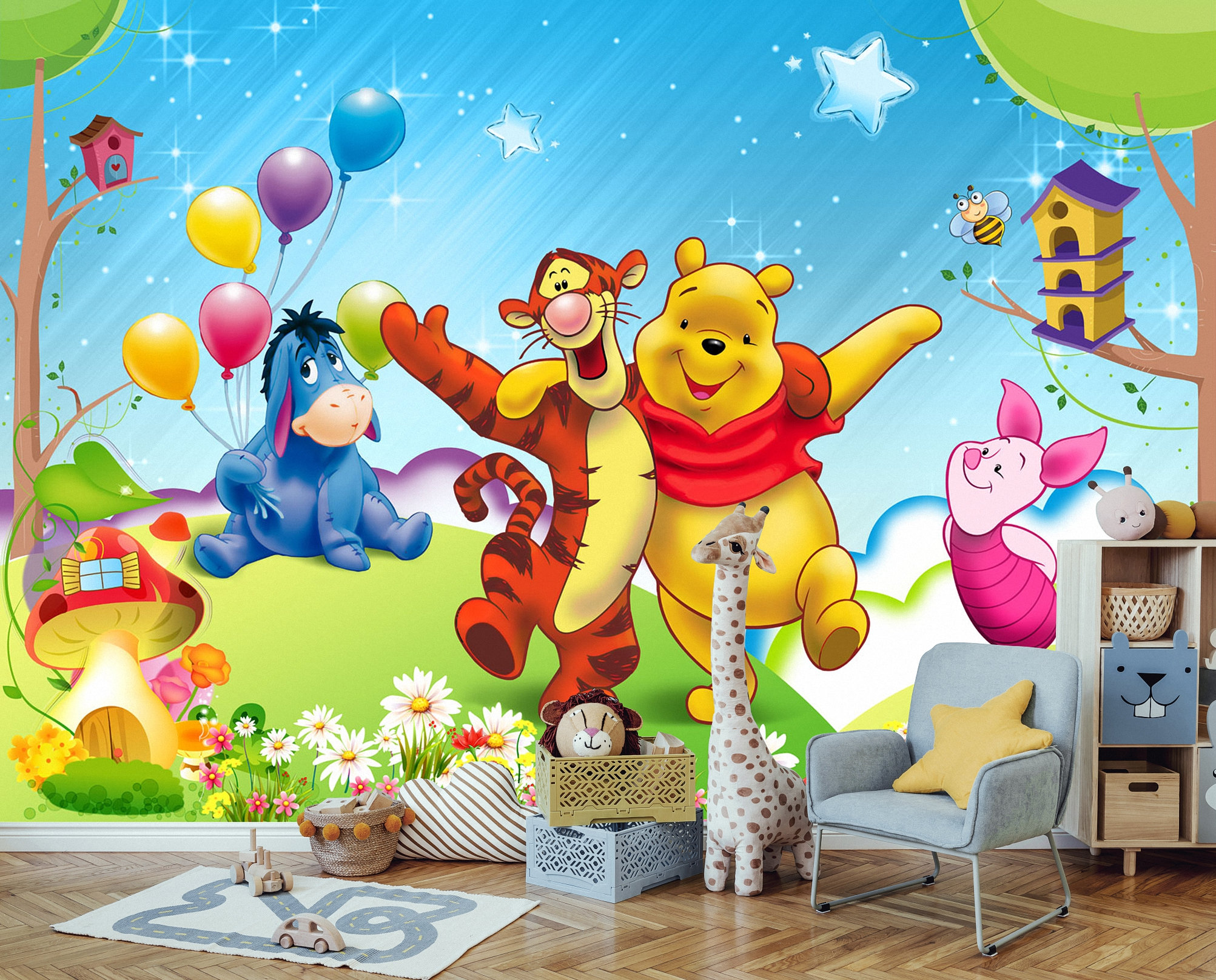 CONCORD WALLCOVERINGS ™ Wallpaper Border Disney Pooh Pattern Rainbow Friends  for Kids Bedroom, Colors Blue White Yellow Red Purple Green Pink, Size 7  Inches by 15 Feet 7057293 