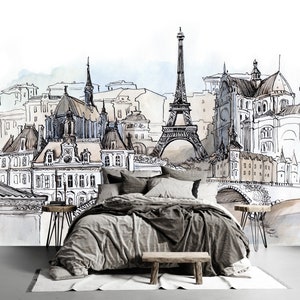 Watercolor Wallpaper Effect Vintage City Paris Removable Peel and Stick Self Adhesive Wall Mural Living Room Bedroom Home Decor