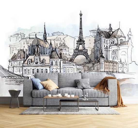 Removable Wallpaper,Paris,Artist City,Sketch in Watercolor,Wall Mural,Self  Adhesive or Vinyl .br