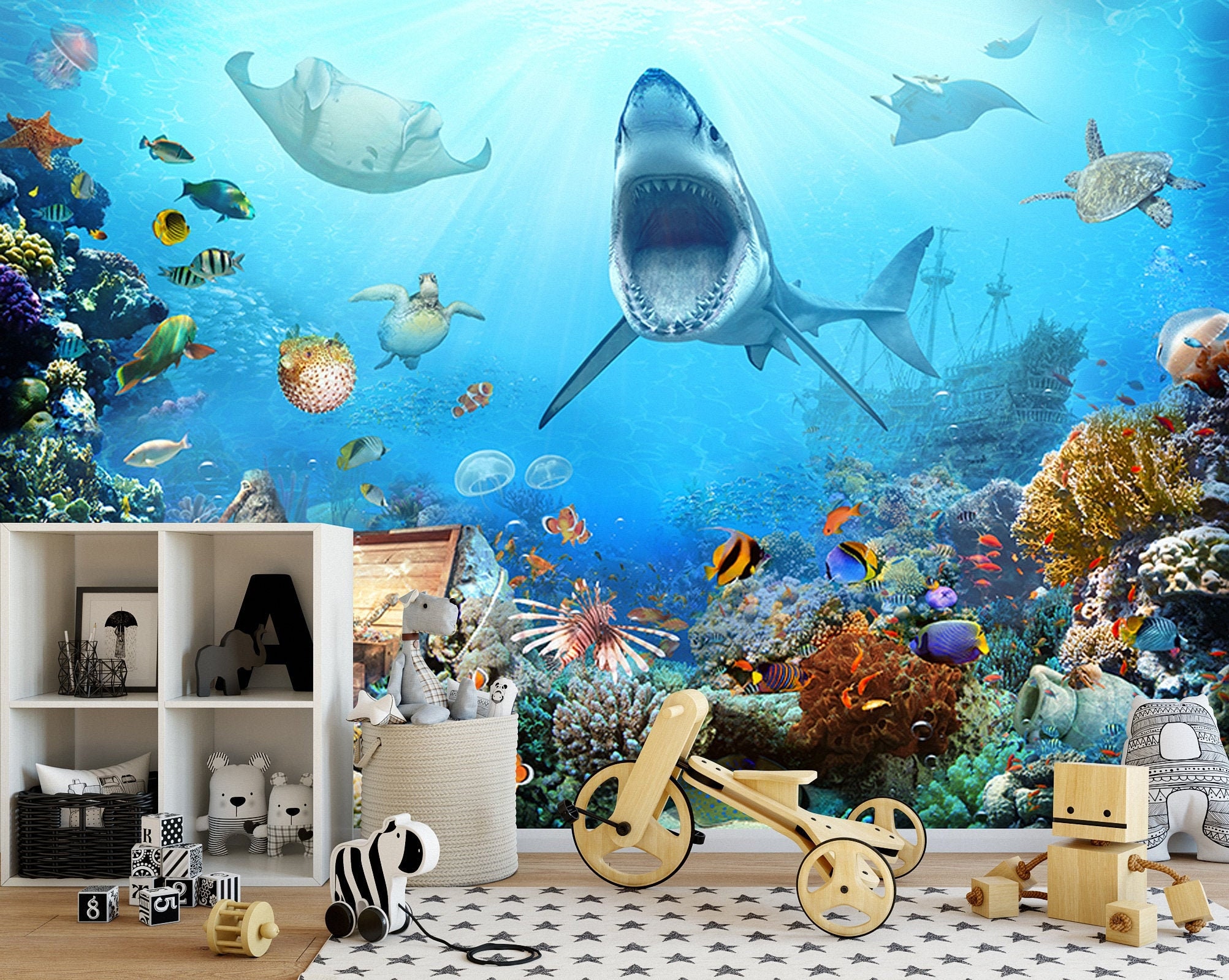 Underwater World Kids Wallpaper Cartoon Shark Dolphin Turtle Animal Peel  and Stick Self Adhesive Non Woven Removable Children Wall Mural 