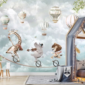 Nursery Wallpaper Kids Hot Air Balloon Peel and Stick Self Adhesive Non Woven Removable Flying Little Animals Children Wall Mural