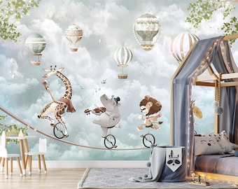 Nursery Wallpaper Kids Hot Air Balloon Peel and Stick Self Adhesive Non Woven Removable Flying Little Animals Children Wall Mural
