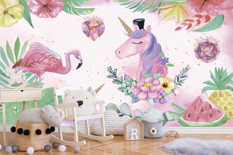 Unicorn Peel and Stick Kids Wallpaper Pink Flamingo Animals Etsy