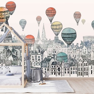 Hot Air Balloon Kids Wallpaper City Colorful Nursery Removable Childroom Self Adhesive Peel and Stick Wall Mural