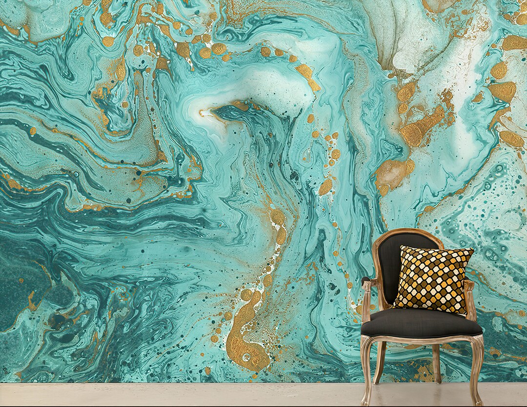 Marble Wallpaper Green Gold Abstract Texture Peel and Stick Etsy
