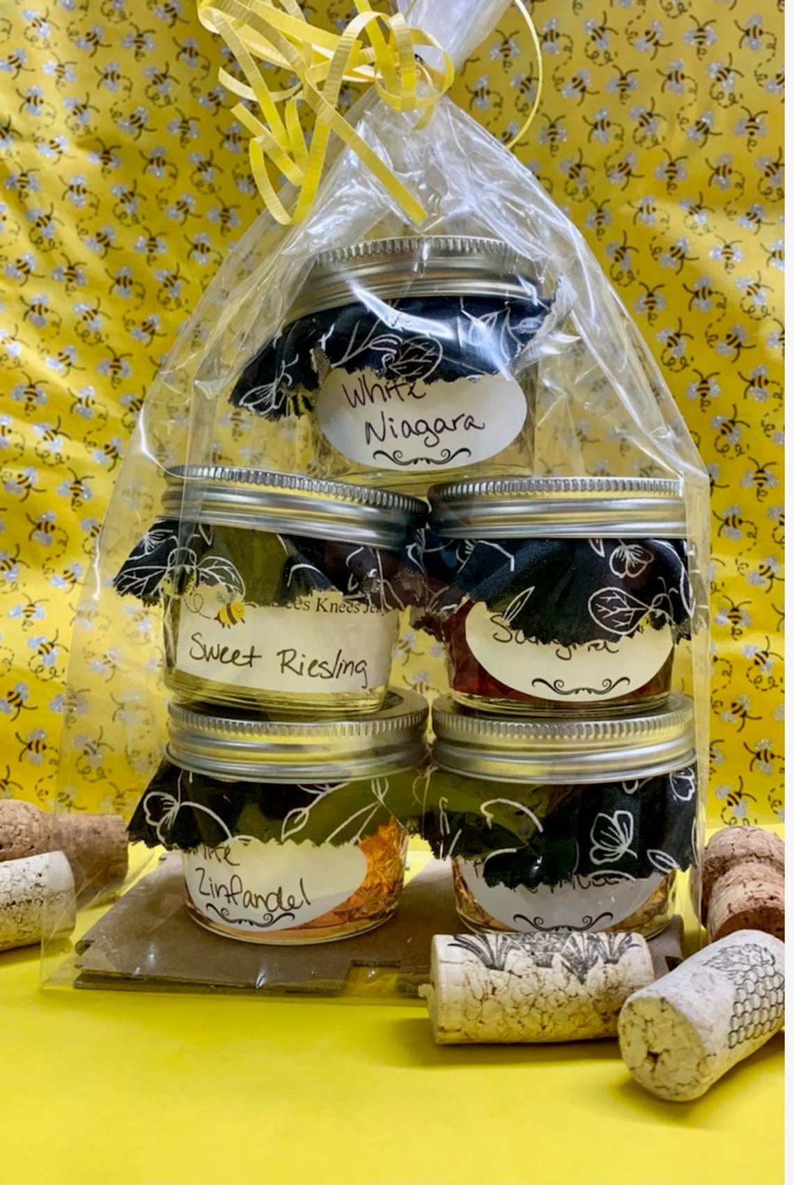 Wine Jelly 4oz Jars Gift 5 Pack Bags Sangria, Sweet Peach, Pink Moscato