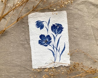 5x7 | Original Painting | Handmade Paper | Deckled Edge | Blue Flowers