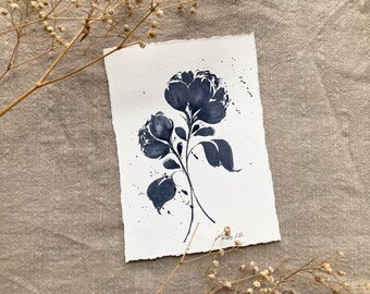 5x7 | Original Painting | Deckled Edge | Vintage Blue Flowers