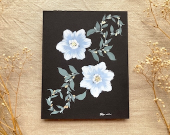 8x10 | Original Painting | Gouache and Watercolor | Blue Flowers | Gold Details