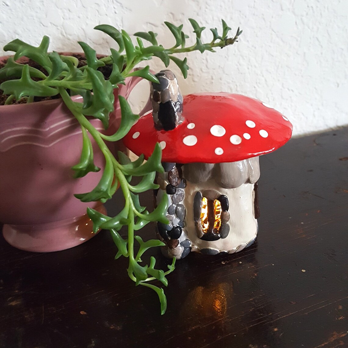 Mushroom House Lantern Sculpture Whimsical Clay Handpainted Etsy