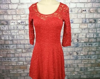 Lace Skater Dress Red Floral Crochet Fit Flare 3/4 Sleeve Material Girl Juniors Sz M