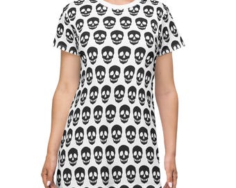 Black Skull Dress White T-Shirt Dress Gothic Clothing Halloween Dress Scary Clothes Skull and Bones Lover