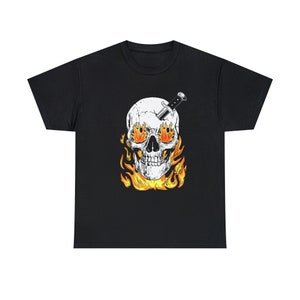 Skull Burning Spooky TShirt Fire Eyes Creepy Tee Haunted Flame Style Halloween Shirt