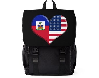Sac à dos porté épaule avec pochette pour ordinateur portable Drapeau haïtien-américain Coeur Sac Haïti Pride Sac à dos noir Caribbean Pride