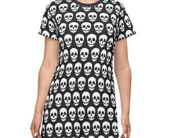 White Skull Dress Black T-Shirt Dress Gothic Clothing Halloween Dress Scary Clothes Skull and Bones Lover Halloween Attire