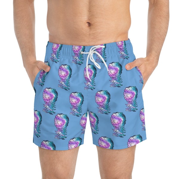 Upside Down Pineapple Swim Trunks Light Blue Multicolored Swim Shorts Sharing is Caring Swinger Lifestyle Pineapple Lovers Purple Threesome