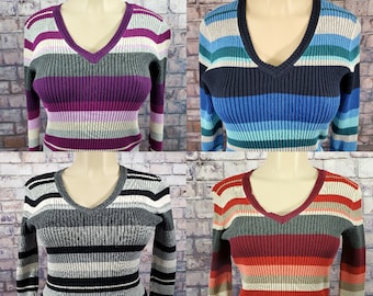 Womens V-Neck Sweater | Striped Sweater | Womens Pullover Sweater | Long Sleeve Sweater | Womens Casual Top | Womens Long Sleeve Top