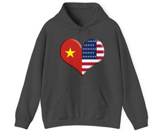 Moletom com capuz vietnamita-americano com capuz e coração, pulôver com bandeira do Vietnã