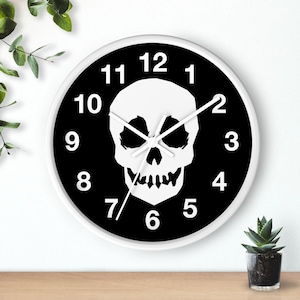White Skull Wall Clock Black Scary Clock Halloween Vibes Wall Decor Gothic Design Fun Clock Holiday Decoration 10"
