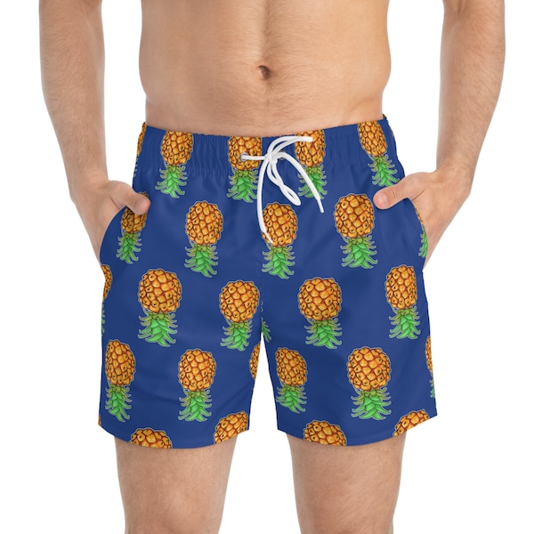 Upside Down Pineapple Swim Trunks Blue Swimwear Multicolored Swim Shorts Sharing is Caring Swinger Lifestyle Pineapple Lovers Threesome