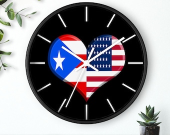 Puerto Rican American Heart Wall clock American Pride Puerto Rican Pride Boricua Latino Pride Black Clock Hispanic Clock Latina Pride