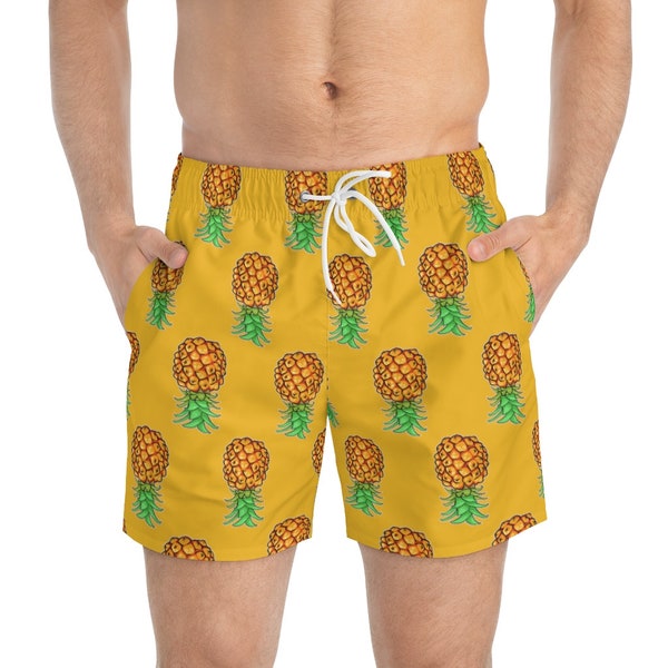 Upside Down Pineapple Swim Trunks Yellow Multicolored Swim Shorts Sharing is Caring Swinger Lifestyle Pineapple Lovers Threesome