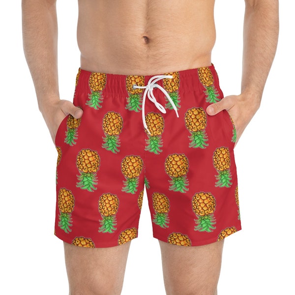 Upside Down Pineapple Swim Trunks Dark Red Swimwear Multicolored Swim Shorts Sharing is Caring Swinger Lifestyle Pineapple Lovers Threesome