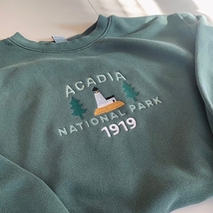 Acadia Embroidered Crewneck Sweatshirt, Vintage Style, Maine, Bar Harbor, Custom, Alpine Green, Lighthouse, National Park, Unisex, Gift