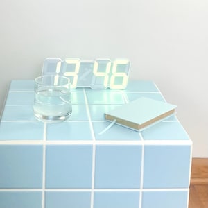 Tiled Cube Side Table 16" | Pastel Baby Blue Porcelain with White Grout | Handmade with Adjustable Feet | Retro Art Inspired Furniture Decor