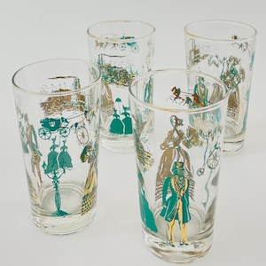 Gold Teal Glass Tumbler Set Vintage, Victorian Era Inspired, Retro Barware Cocktail Party Hosting, Bicycle Horse Carriage