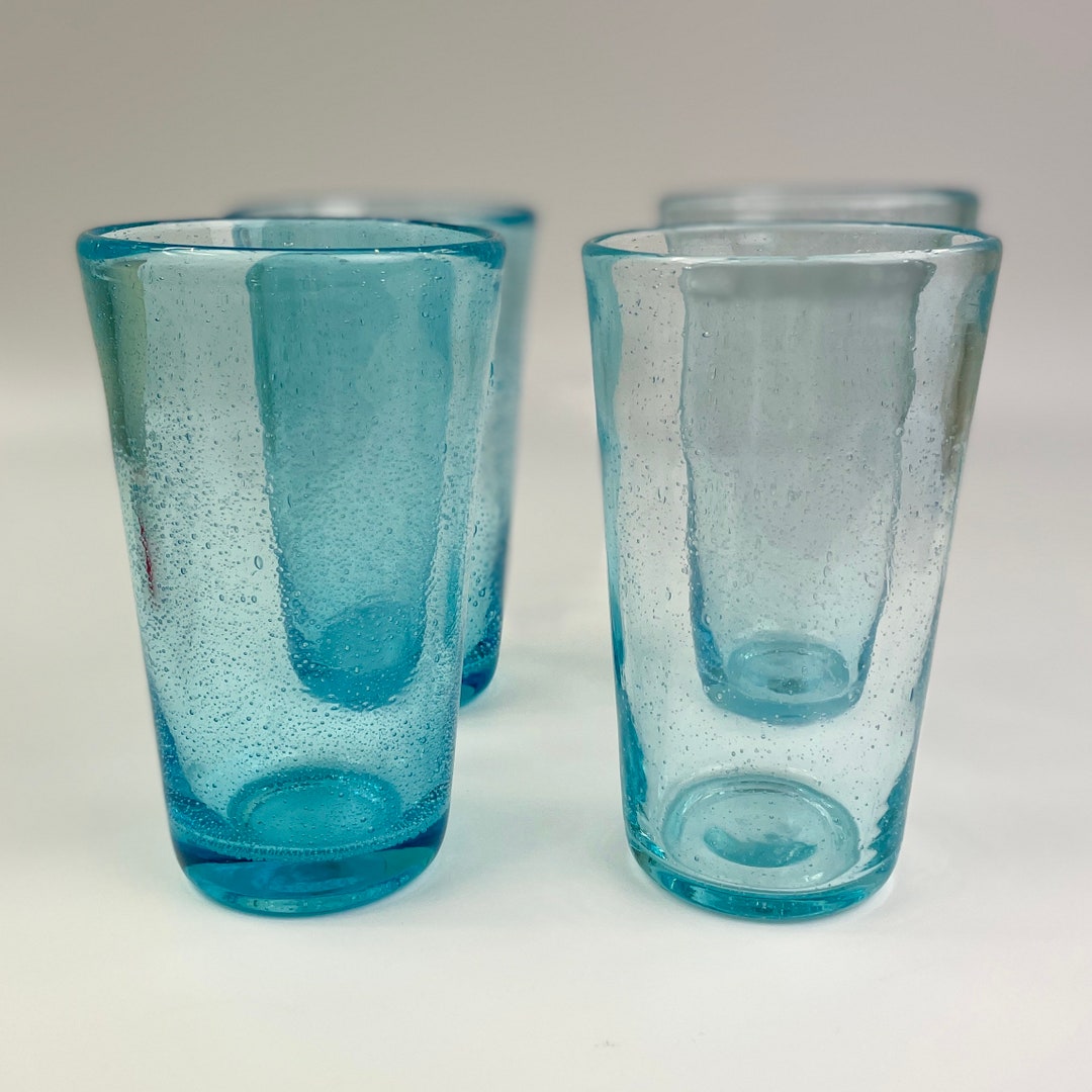 Bubble Glass Tumblers Set of 4 Aqua Blue Mexican Glass Art Etsy