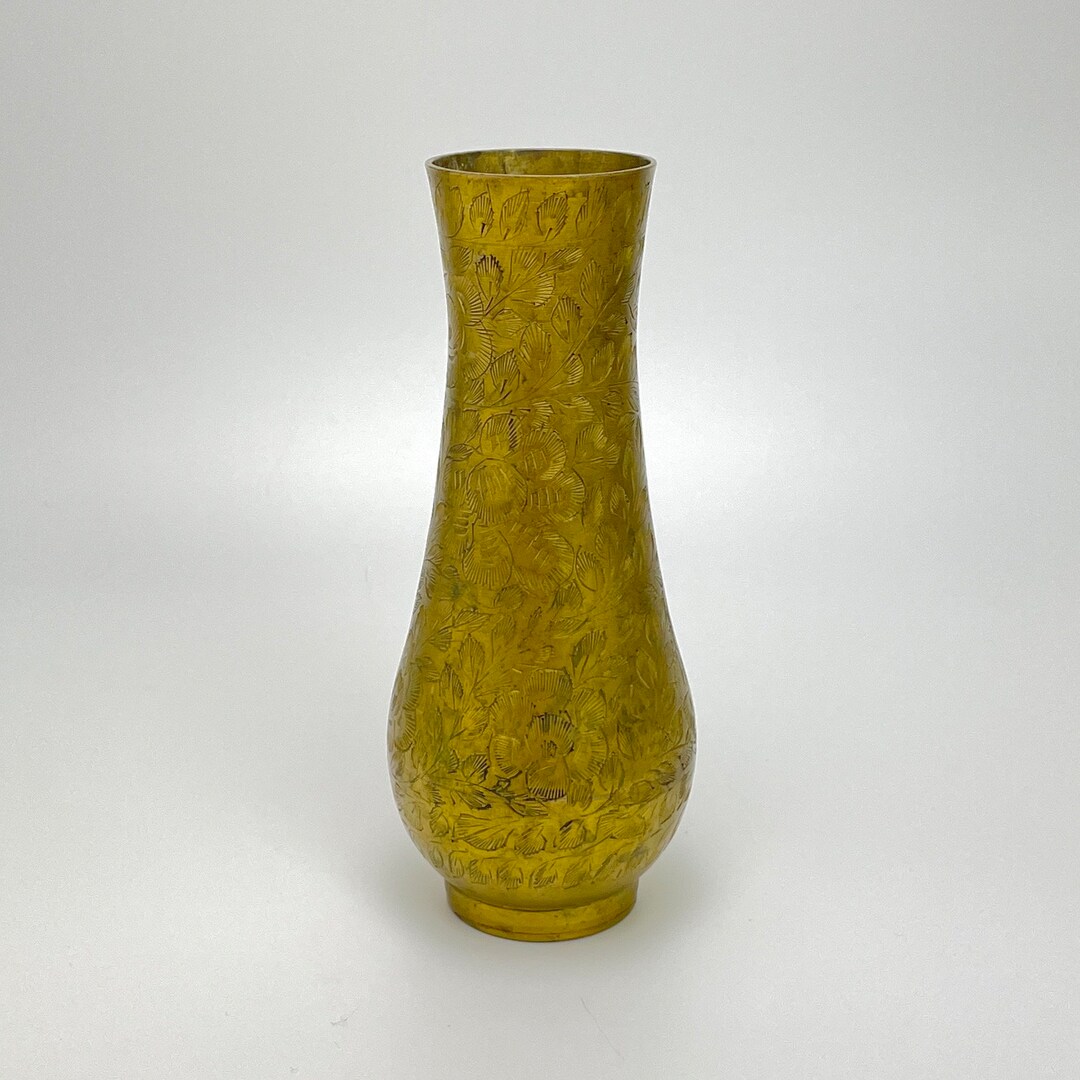 Vintage Brass Vase Etched Florals Made in India Handmade Home Decor