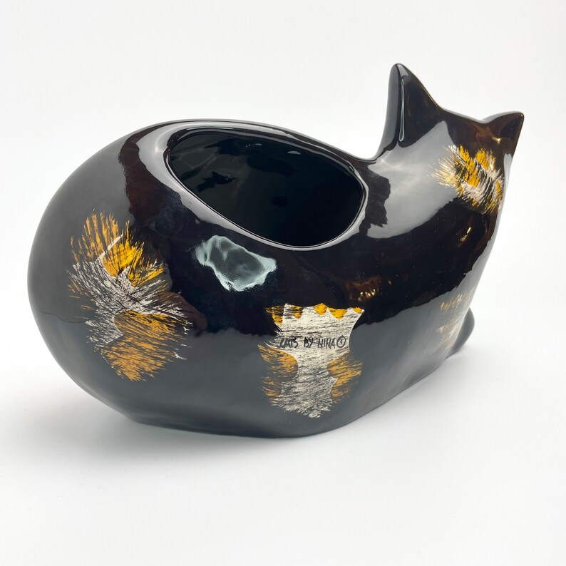 Vintage Cat Vase 10 Handpainted Glazed Ceramic Artist Stamp Cats by Nina Lyman 1990s 2000s Y2K