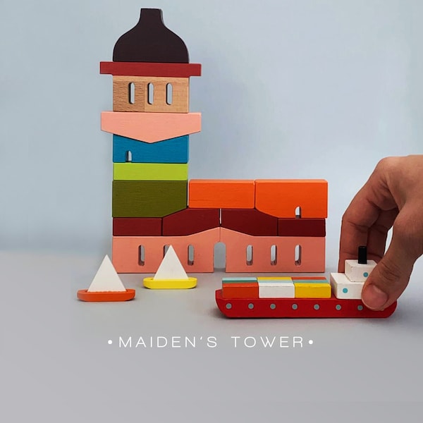 Bemalte Holzbausteine | Handgefertigtes Geschenk | Minimalistisches Lernspielzeug für Kleinkinder oder Vorschulkinder | Istanbuler Bosporus-Leanderturm
