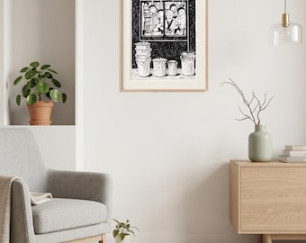 Japanese Izakaya Kitchen Ink Drawing, Osaka Restaurant Scene Wall Art (Digital Download)