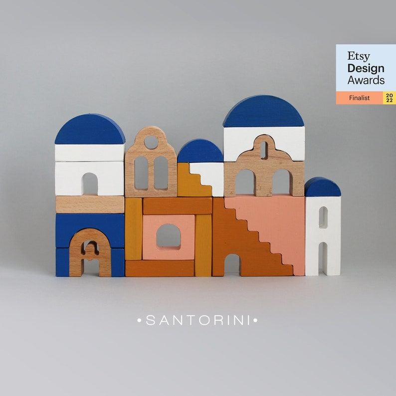 Handmade Building Blocks City icons Toddler gift Birthday Gifts Greece Santorini ETSY DESIGN AWARDS Finalist 2022 image 1